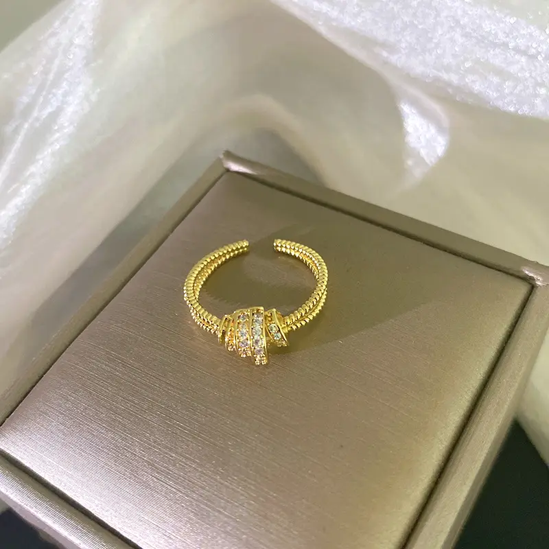 Japanese Korean Style Adjustable Gold Ring with Full Diamond Design - Image 5