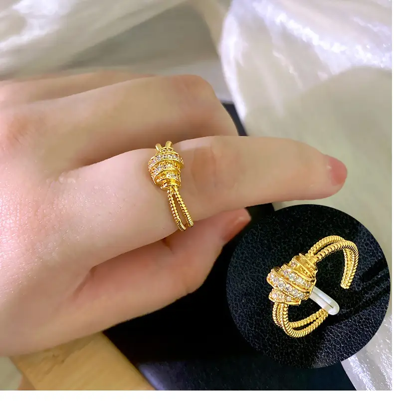 Japanese Korean Style Adjustable Gold Ring with Full Diamond Design — feature 27