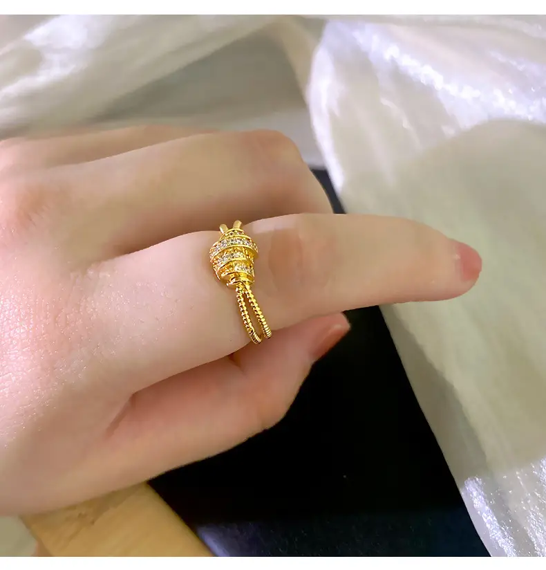 Japanese Korean Style Adjustable Gold Ring with Full Diamond Design — feature 33