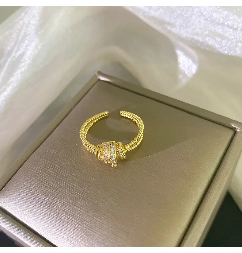 Japanese Korean Style Adjustable Gold Ring with Full Diamond Design — feature 34