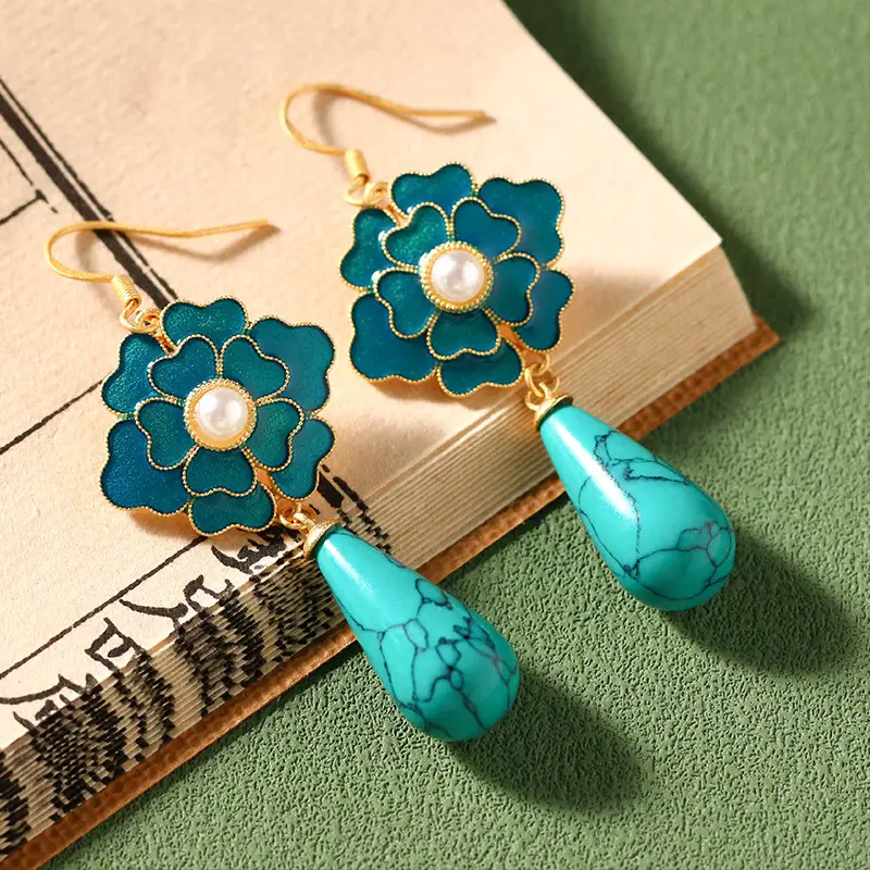 Ancient Gold Enamel Earrings with Turquoise Accents