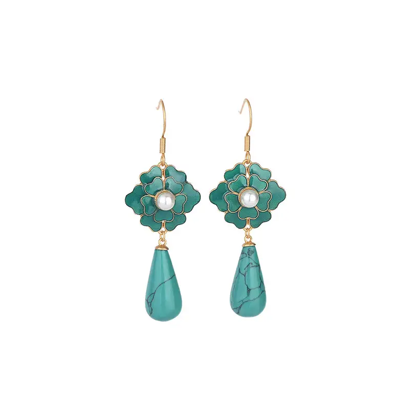 Ancient Gold Enamel Earrings with Turquoise Accents