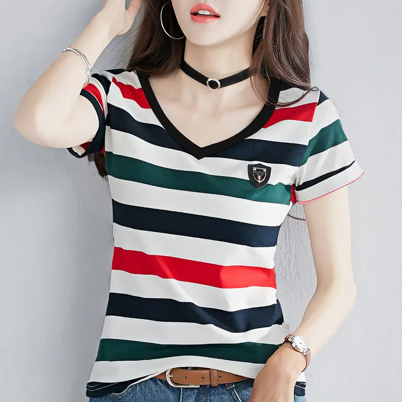 Women Striped V-Neck T-Shirt Cotton 2025 - Image 17