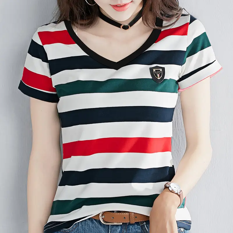 Women Striped V-Neck T-Shirt Cotton 2025 - Image 18