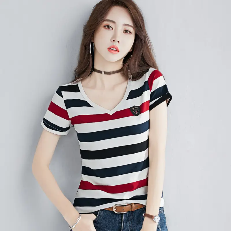 Women Striped V-Neck T-Shirt Cotton 2025 - Image 19