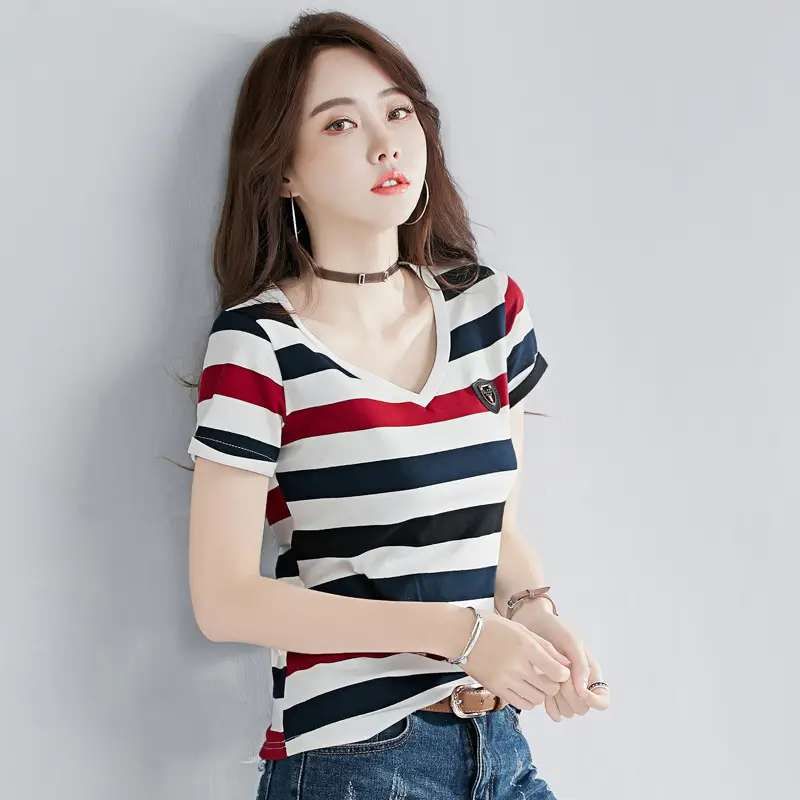 Women Striped V-Neck T-Shirt Cotton 2025 - Image 20