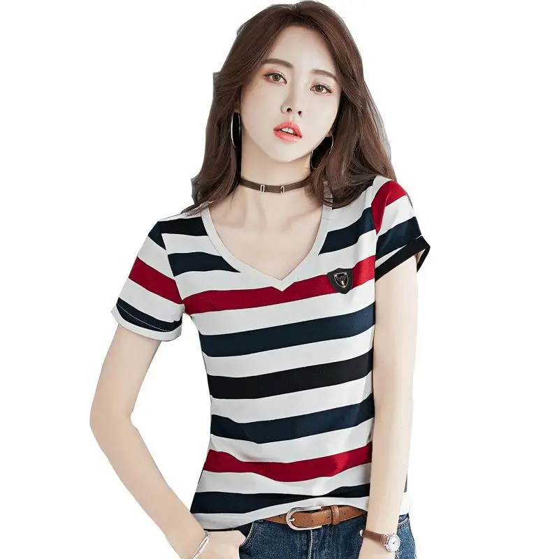 Women Striped V-Neck T-Shirt Cotton 2025 - Image 21