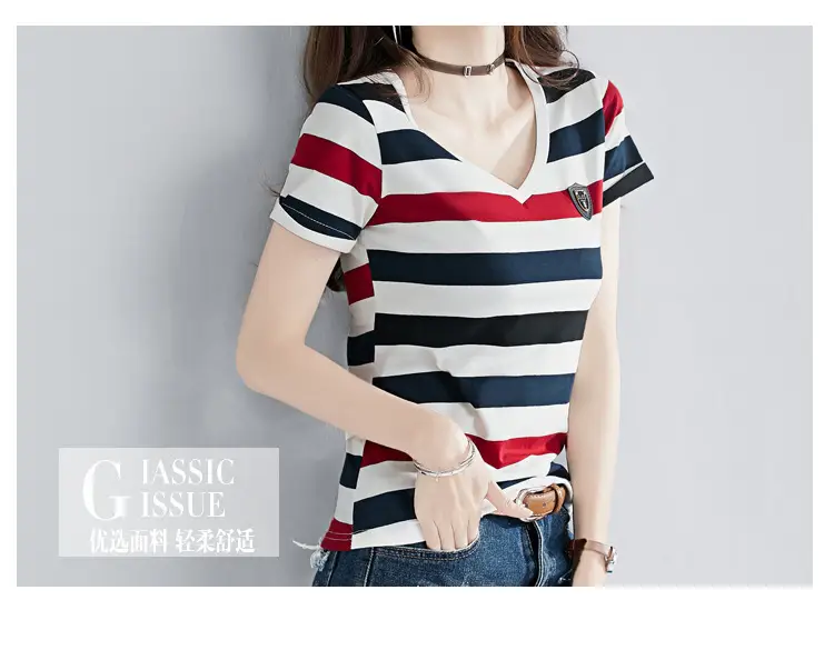Women Striped V-Neck T-Shirt Cotton 2025 — feature 10