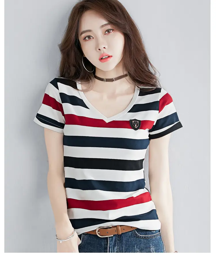 Women Striped V-Neck T-Shirt Cotton 2025 — feature 12