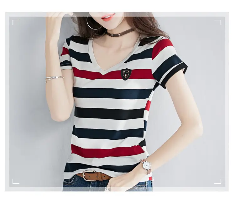 Women Striped V-Neck T-Shirt Cotton 2025 — feature 13