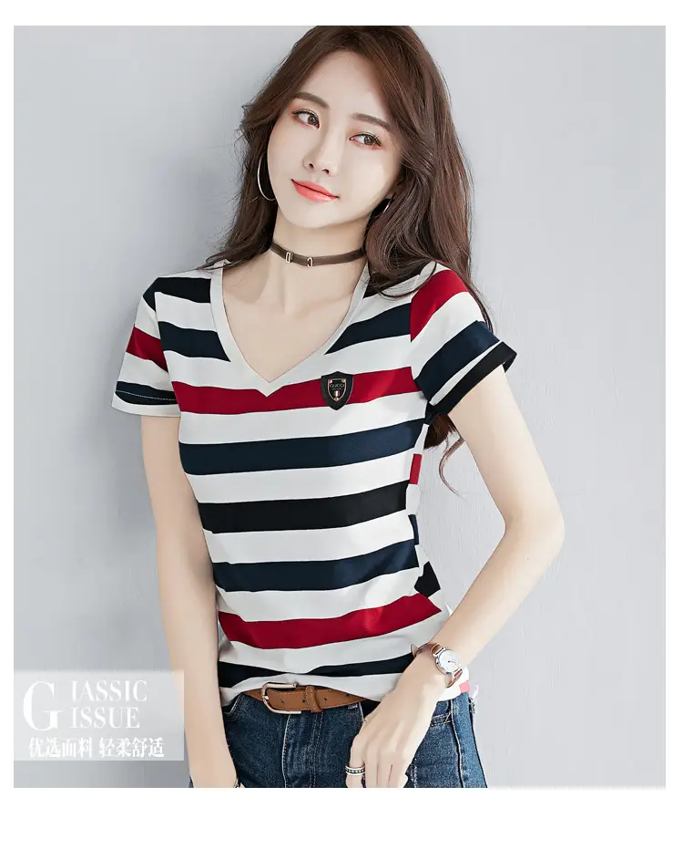 Women Striped V-Neck T-Shirt Cotton 2025 — feature 14