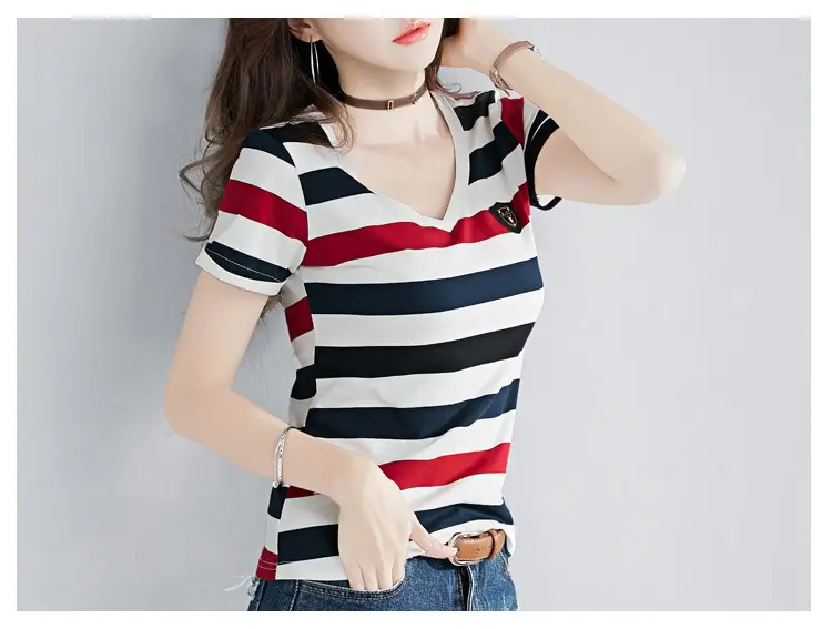 Women Striped V-Neck T-Shirt Cotton 2025 — feature 15
