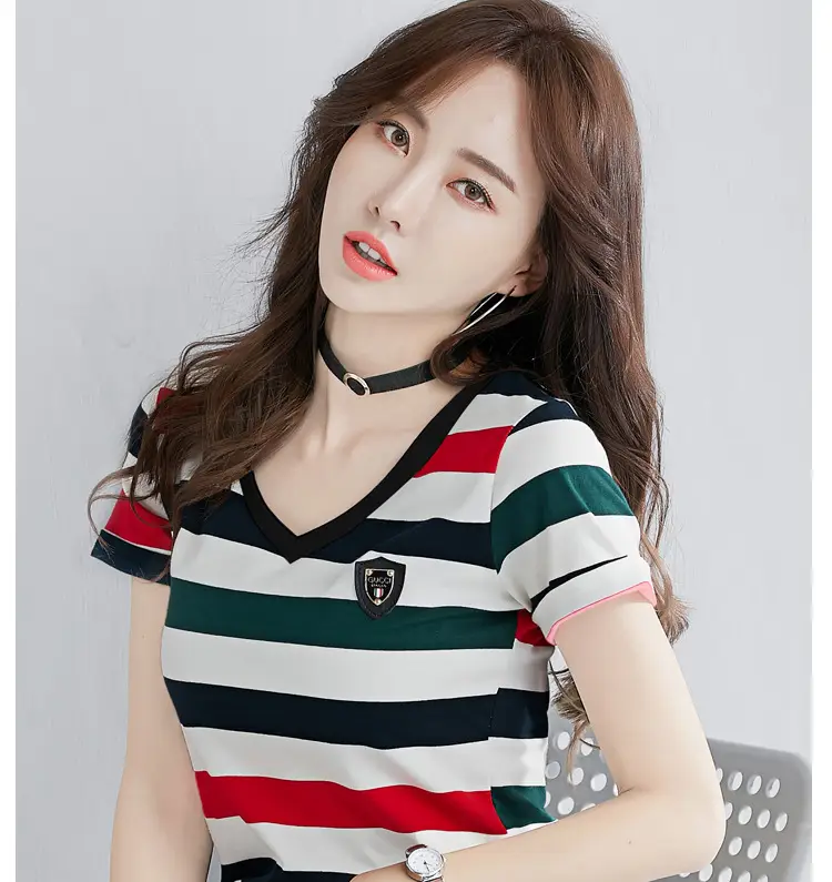 Women Striped V-Neck T-Shirt Cotton 2025 — feature 16