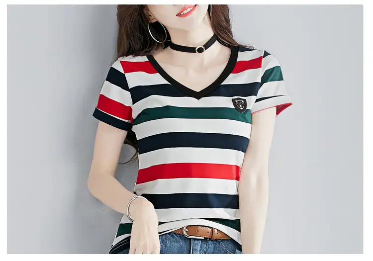 Women Striped V-Neck T-Shirt Cotton 2025 — feature 17
