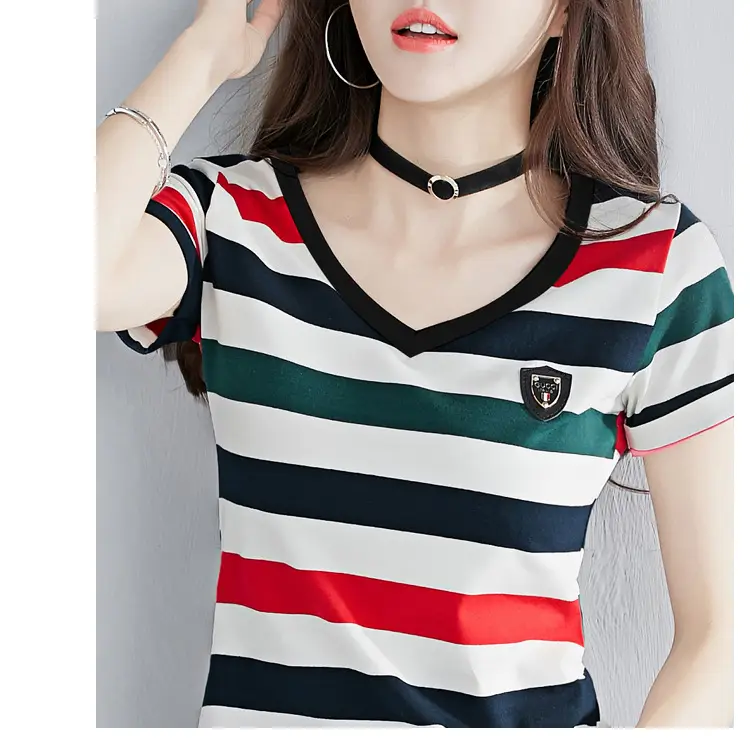 Women Striped V-Neck T-Shirt Cotton 2025 — feature 18