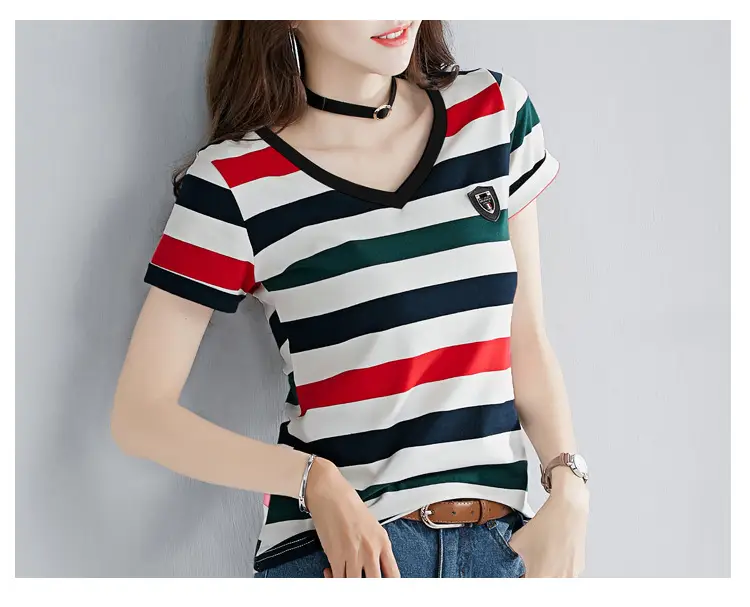 Women Striped V-Neck T-Shirt Cotton 2025 — feature 19