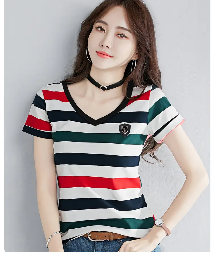 Women Striped V-Neck T-Shirt Cotton 2025 — feature 20