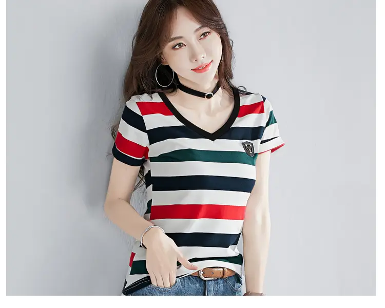 Women Striped V-Neck T-Shirt Cotton 2025 — feature 21