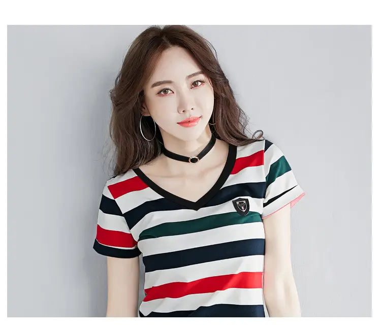 Women Striped V-Neck T-Shirt Cotton 2025 — feature 22