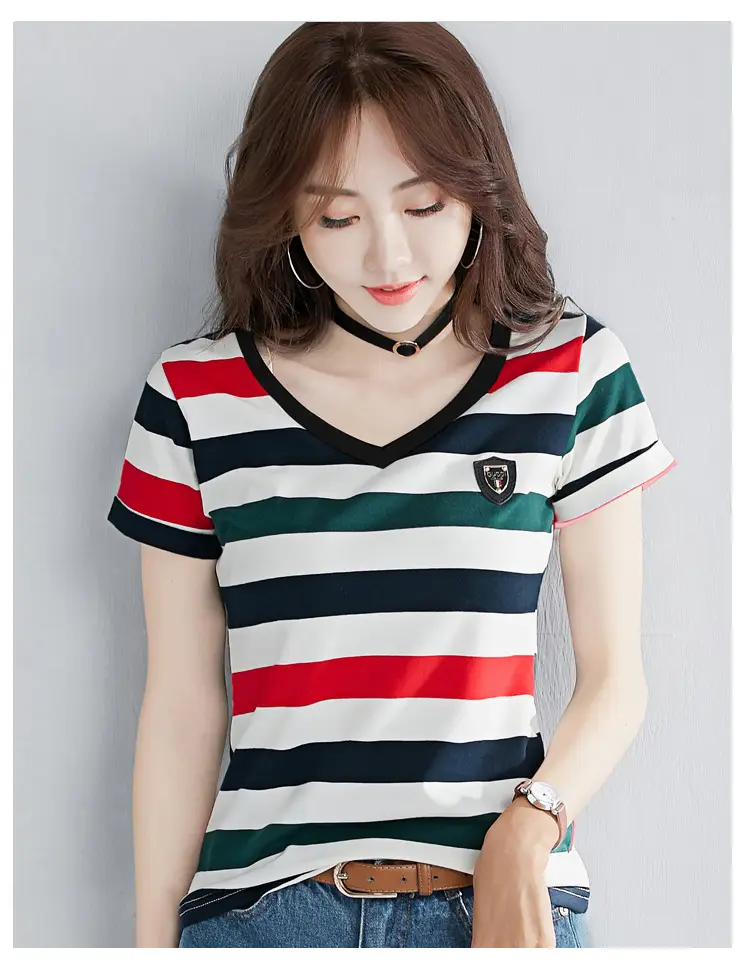 Women Striped V-Neck T-Shirt Cotton 2025 — feature 23
