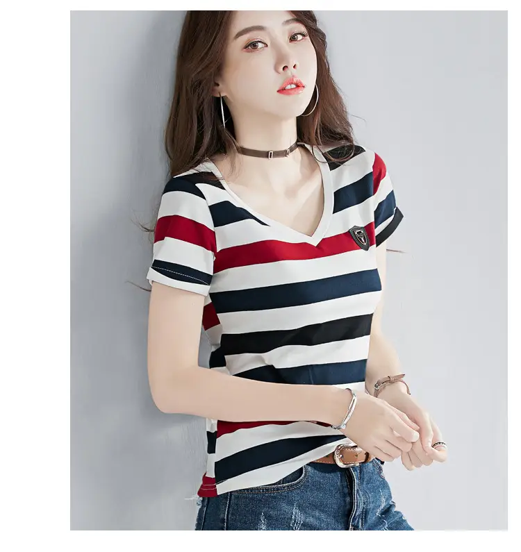 Women Striped V-Neck T-Shirt Cotton 2025 — feature 6