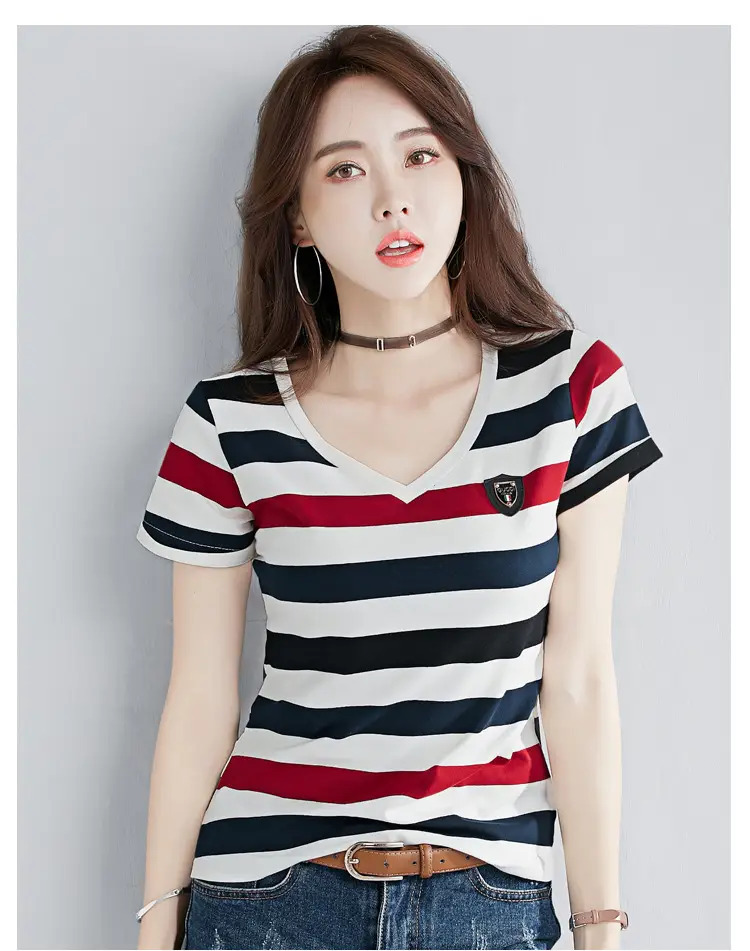 Women Striped V-Neck T-Shirt Cotton 2025 — feature 7