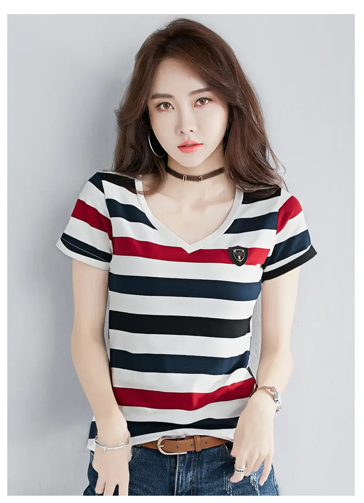 Women Striped V-Neck T-Shirt Cotton 2025 — feature 8