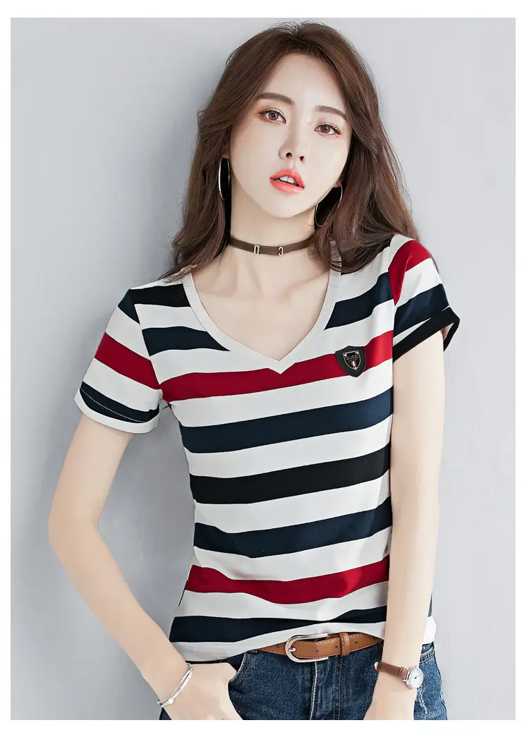 Women Striped V-Neck T-Shirt Cotton 2025 — feature 9