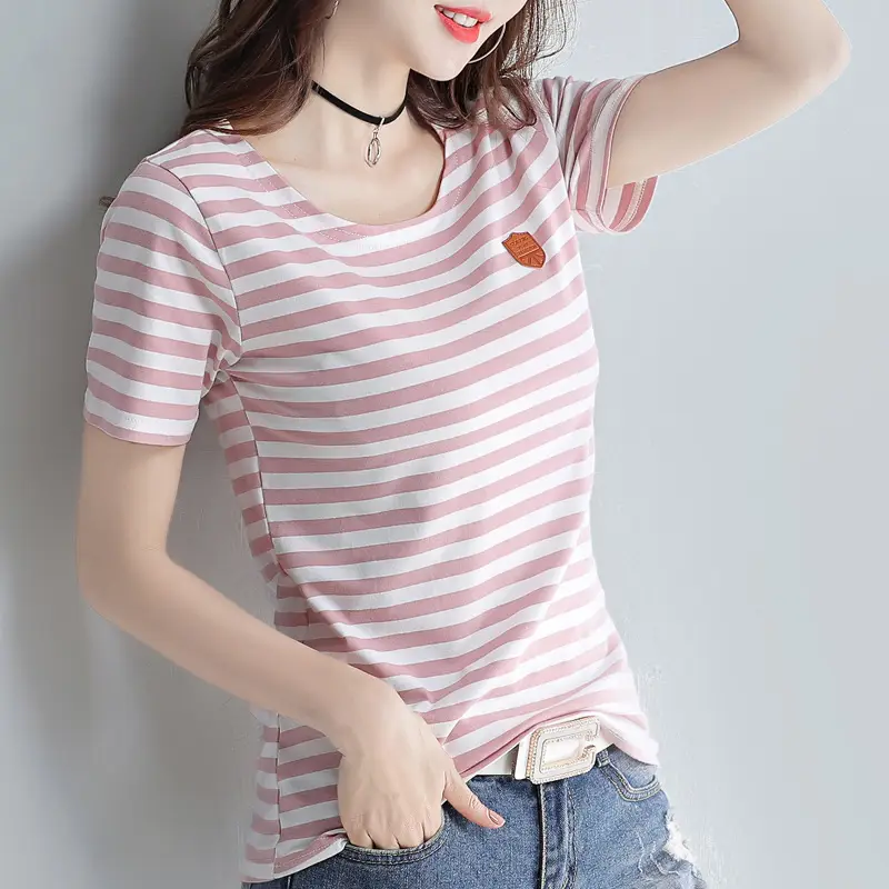 Women Striped V-Neck T-Shirt Cotton 2025 - Image 10