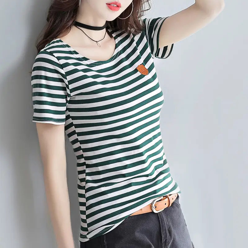 Women Striped V-Neck T-Shirt Cotton 2025 - Image 11