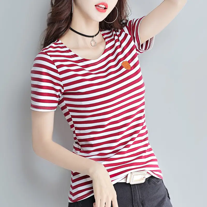 Women Striped V-Neck T-Shirt Cotton 2025 - Image 12