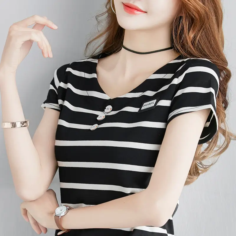 Women Striped V-Neck T-Shirt Cotton 2025 - Image 13