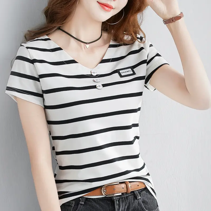 Women Striped V-Neck T-Shirt Cotton 2025 - Image 14