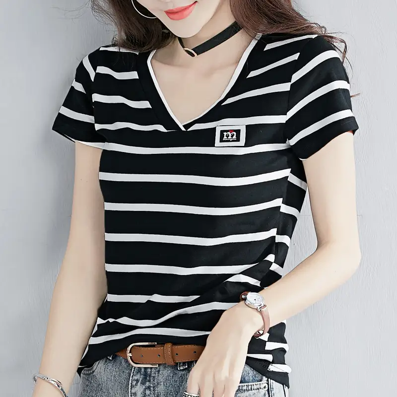 Women Striped V-Neck T-Shirt Cotton 2025 - Image 15