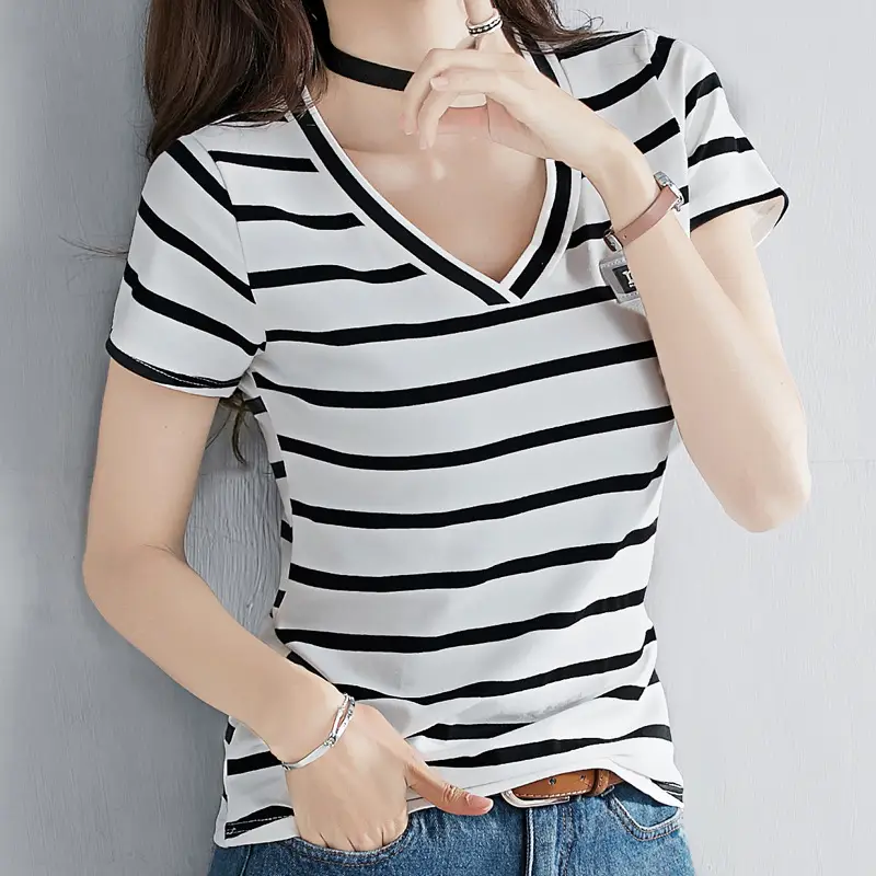 Women Striped V-Neck T-Shirt Cotton 2025 - Image 16