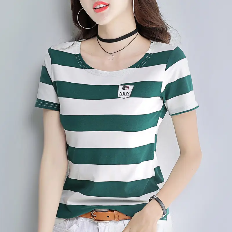 Women Striped V-Neck T-Shirt Cotton 2025 - Image 3