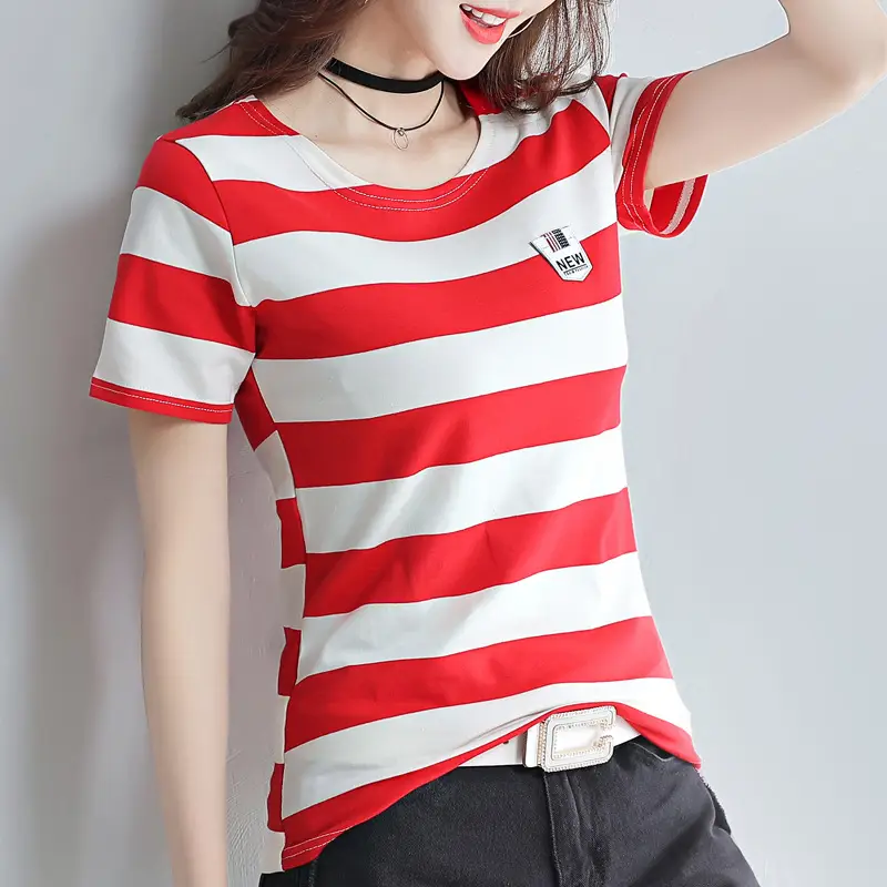 Women Striped V-Neck T-Shirt Cotton 2025 - Image 4
