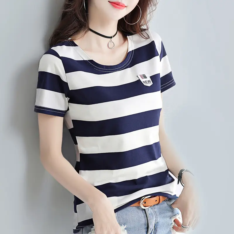 Women Striped V-Neck T-Shirt Cotton 2025 - Image 5