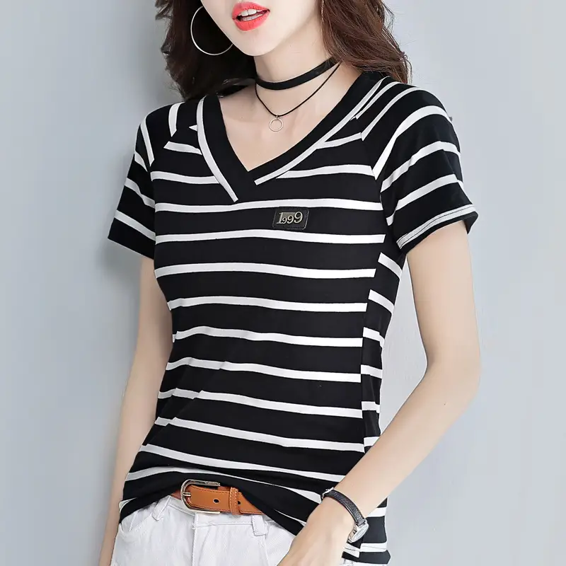Women Striped V-Neck T-Shirt Cotton 2025 - Image 6