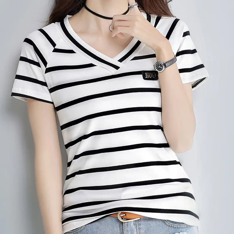 Women Striped V-Neck T-Shirt Cotton 2025 - Image 7