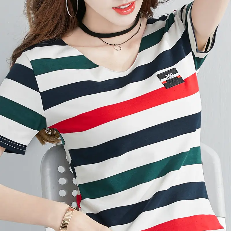 Women Striped V-Neck T-Shirt Cotton 2025 - Image 8