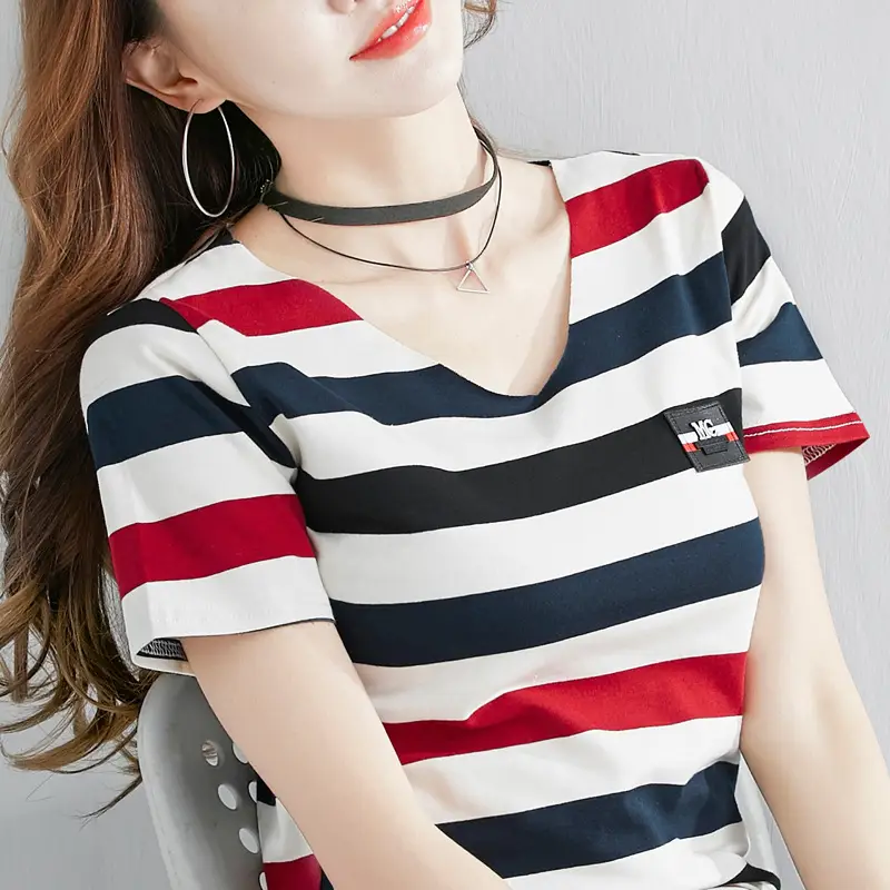 Women Striped V-Neck T-Shirt Cotton 2025 - Image 9
