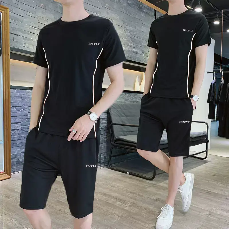 Men Sports Quick-Drying T-Shirt Shorts Set White Black Large