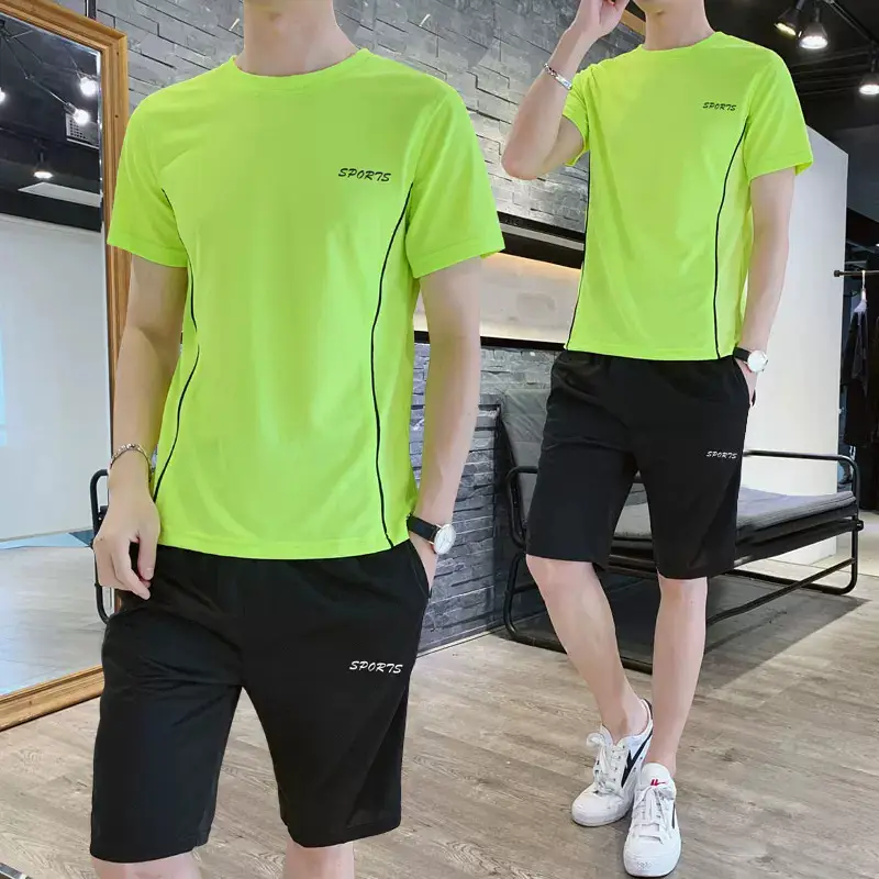 Men Sports Quick-Drying T-Shirt Shorts Set White Black Large