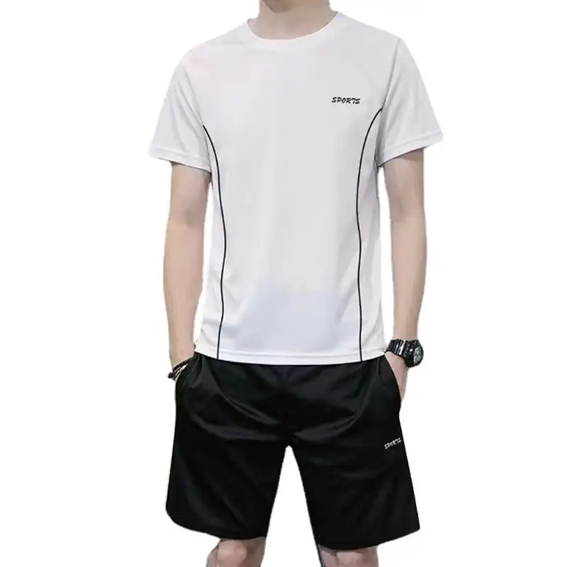 Men Sports Quick-Drying T-Shirt Shorts Set White Black Large