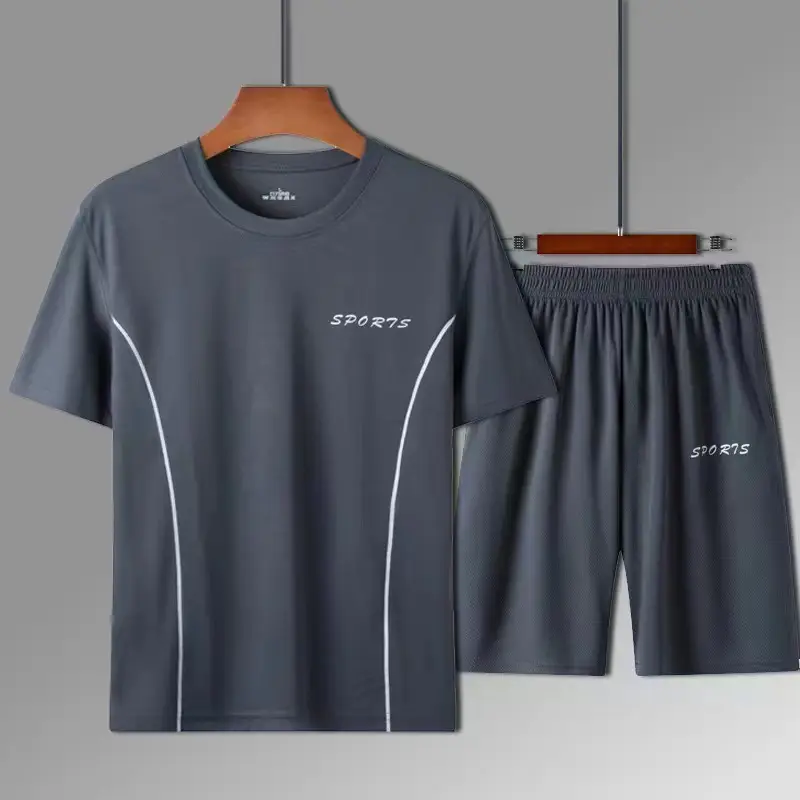 Men Sports Quick-Drying T-Shirt Shorts Set White Black Large