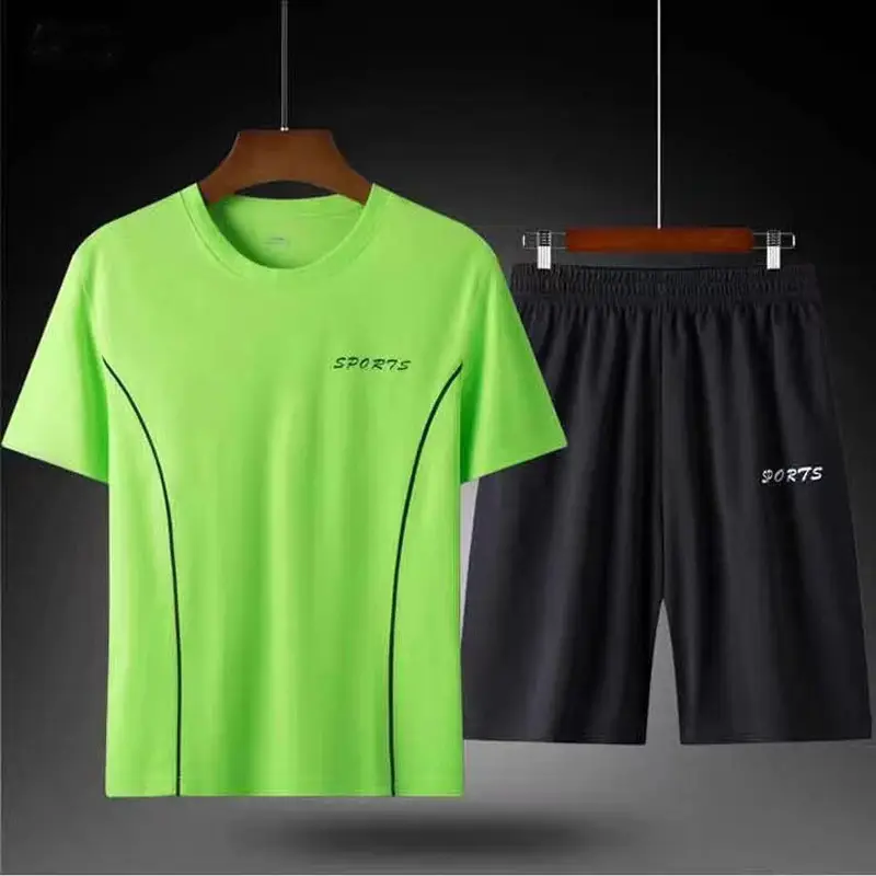 Men Sports Quick-Drying T-Shirt Shorts Set White Black Large