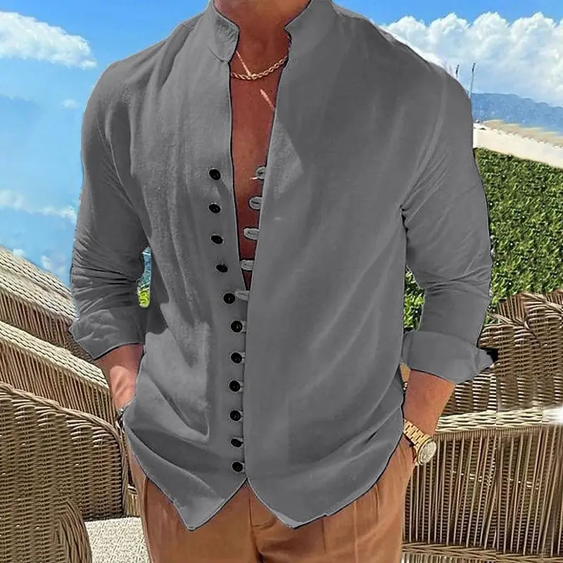 Men's White Linen Button Shirt Long Sleeve Casual Wear