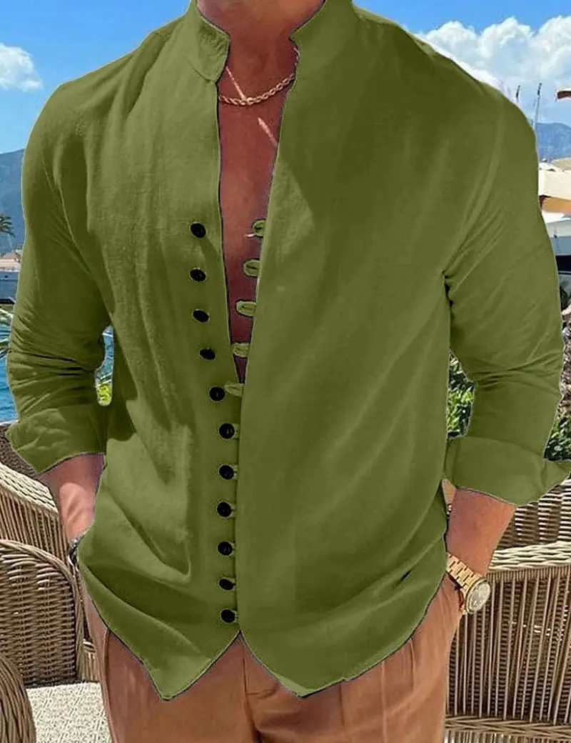 Men's White Linen Button Shirt Long Sleeve Casual Wear — feature 7