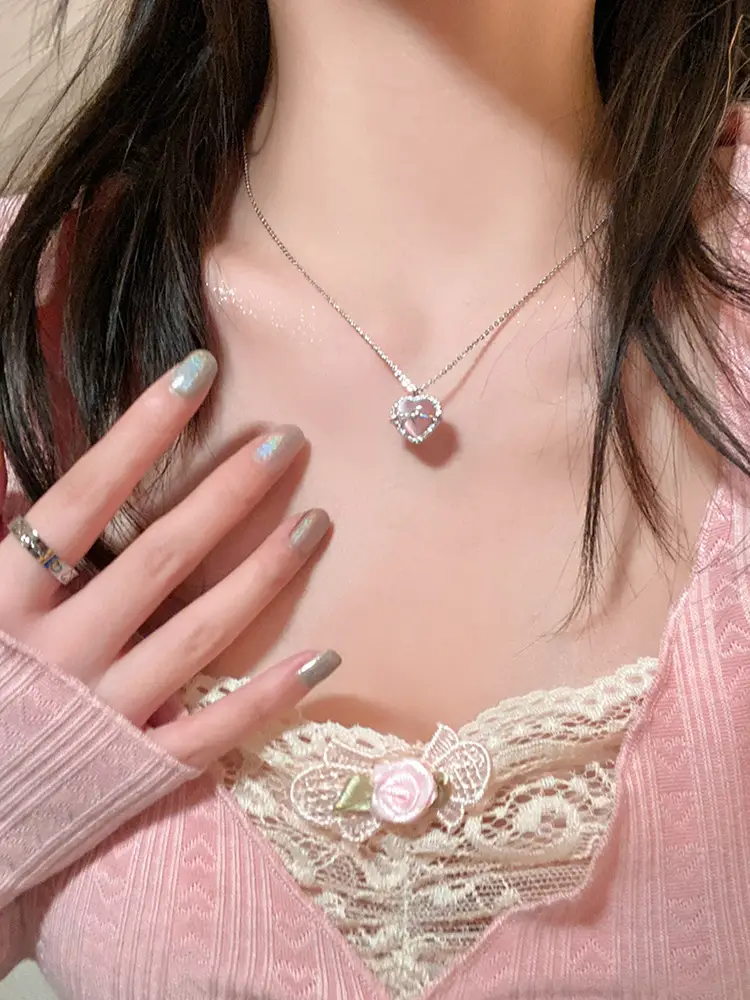 Women's Pink Love Titanium Necklace with Crystal Center — feature 17